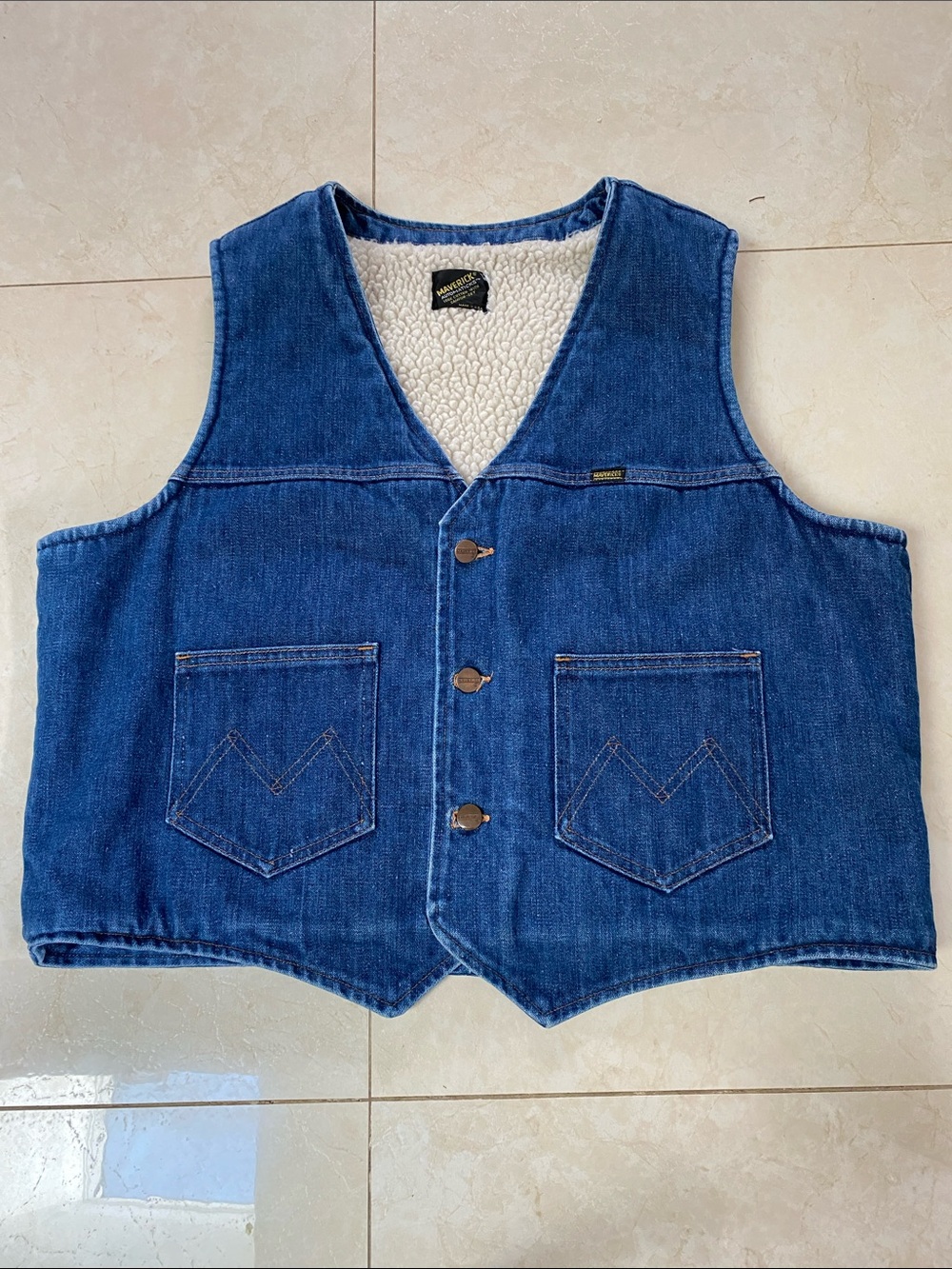 Vintage Maverick Automatics Sherpa Lined Denim Vest XL USA Made  Perfect!